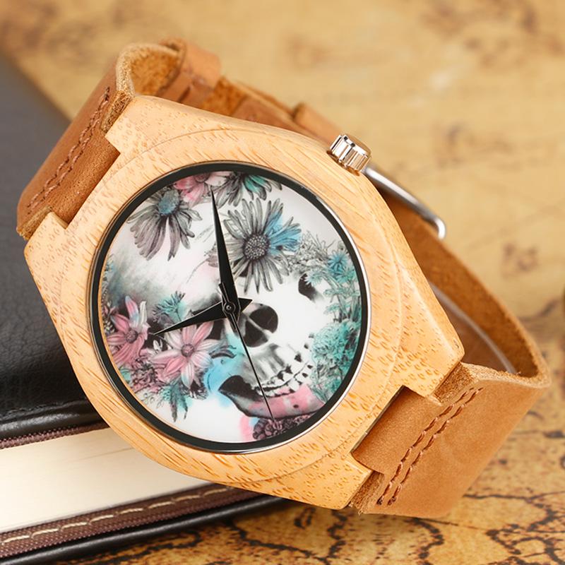 Floral Skull Dial Display Wooden Analog Watch